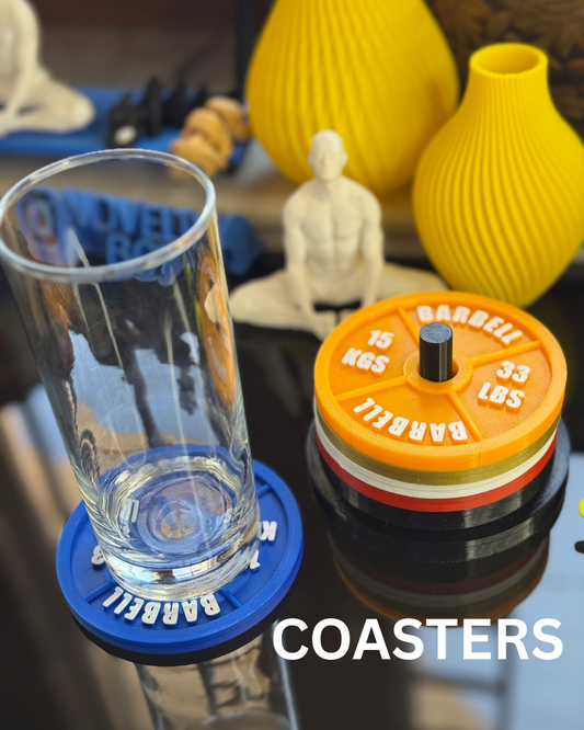 Gym Plate Coaster Set (6 Pcs, 4x4 Inches) with Stand