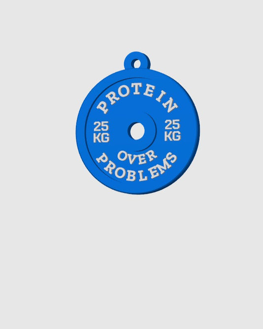 Blue protein powder scoop with text on a white background