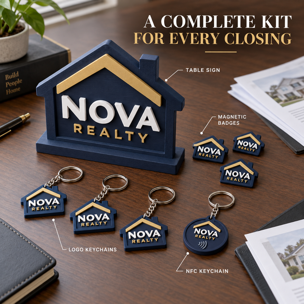 Brand Kit Combo – 3D Magnetic Badges + Logo Keychains + NFC Review Tag