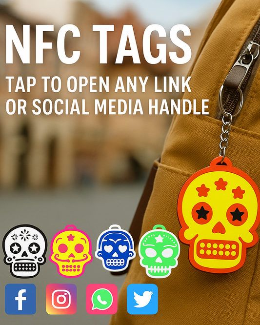 NFC tag with skull design attached to a jacket, with social media icons below.