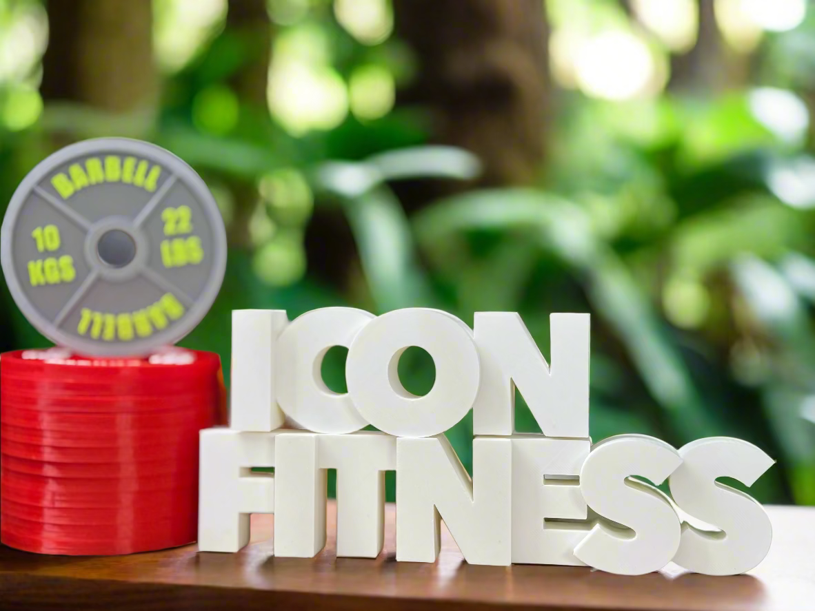 Stack of white blocks spelling 'ICON FITNESS' with fitness equipment in the background.