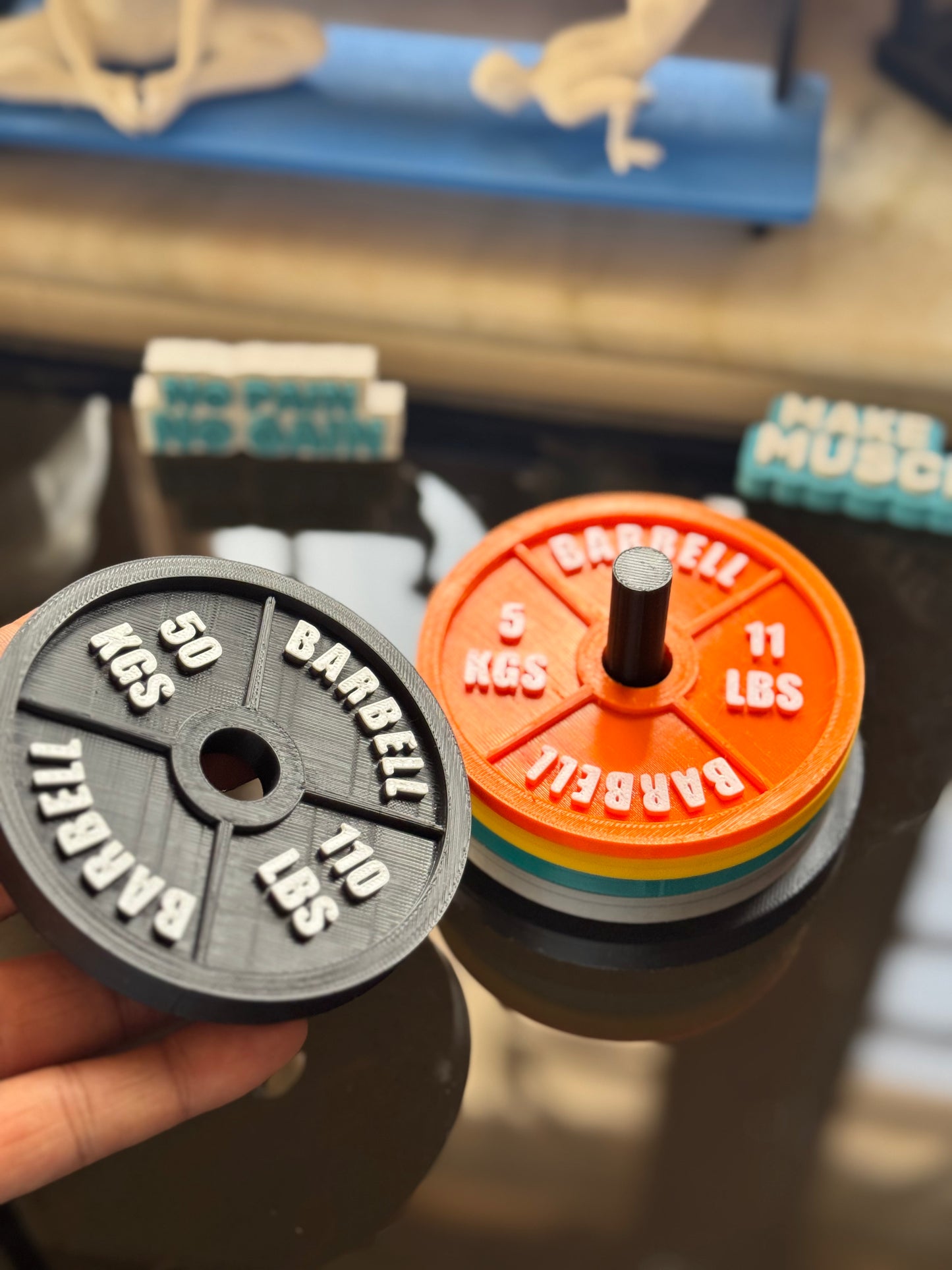 Gym Plate Coaster Set (6 Pcs, 4x4 Inches) with Stand