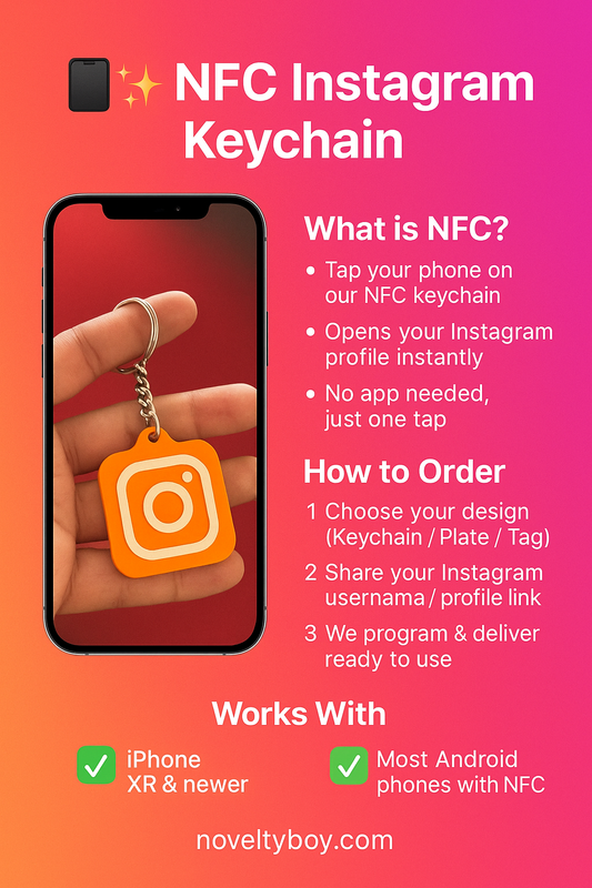 NFC Instagram Keychain advertisement with phone and keychain on an orange and pink gradient background.