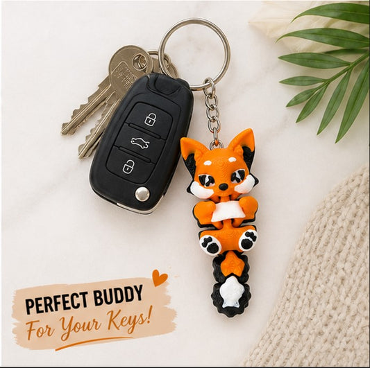 Cute Fox Keychain for Bags & Keys | Kawaii Animal Bag Charm | Flexible Tail Keyring Accessory for Girls & Kids