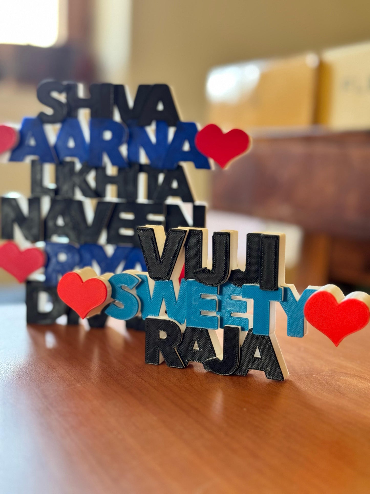 Custom 3-Name Table Sign With Magnet Inside – Heart Design | 8-10 Inch Wide | Name Magnet