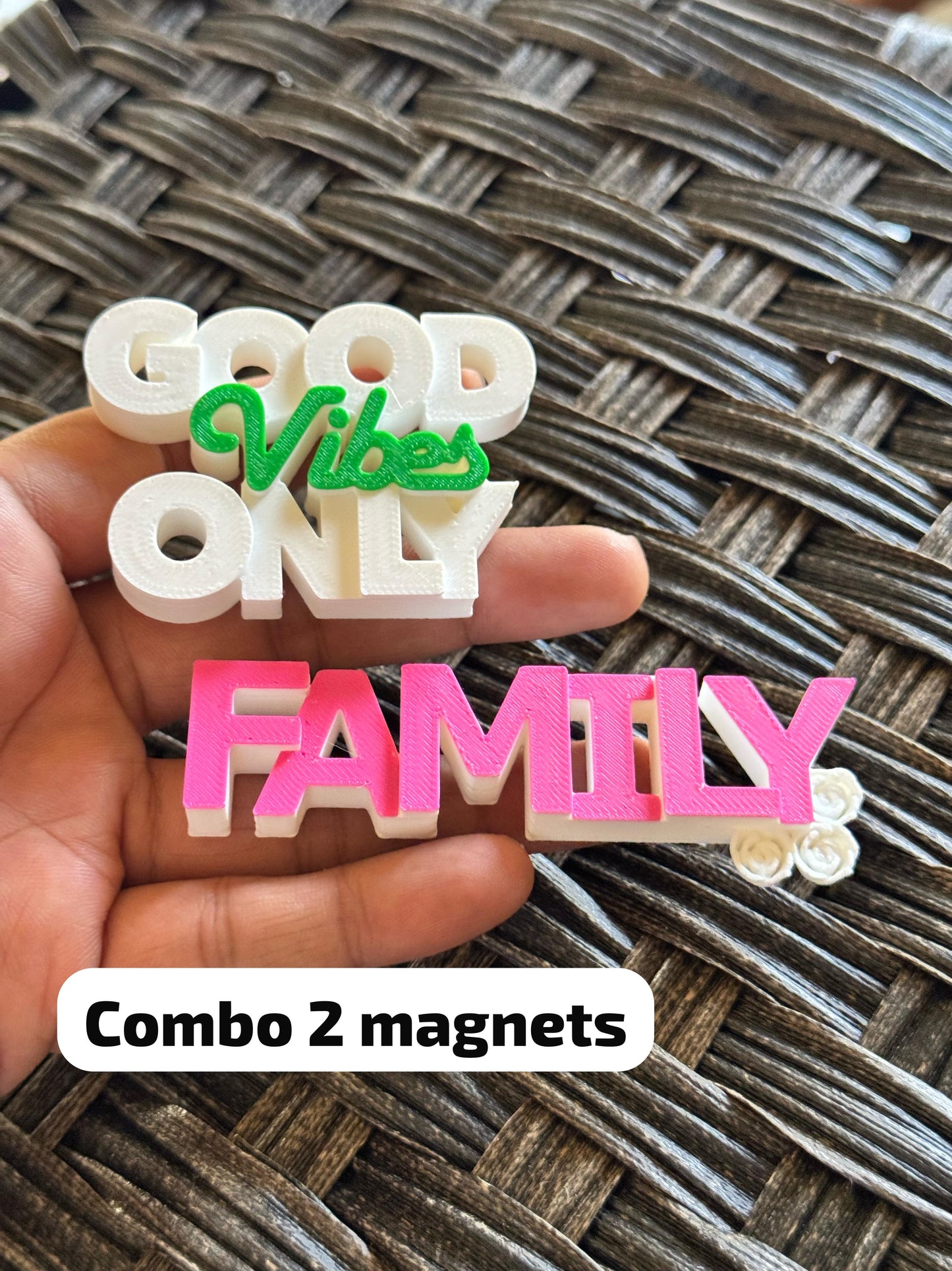 Good Vibes Only & Family Fridge Magnet Combo – Set of 2 (Multiple Color Variants)