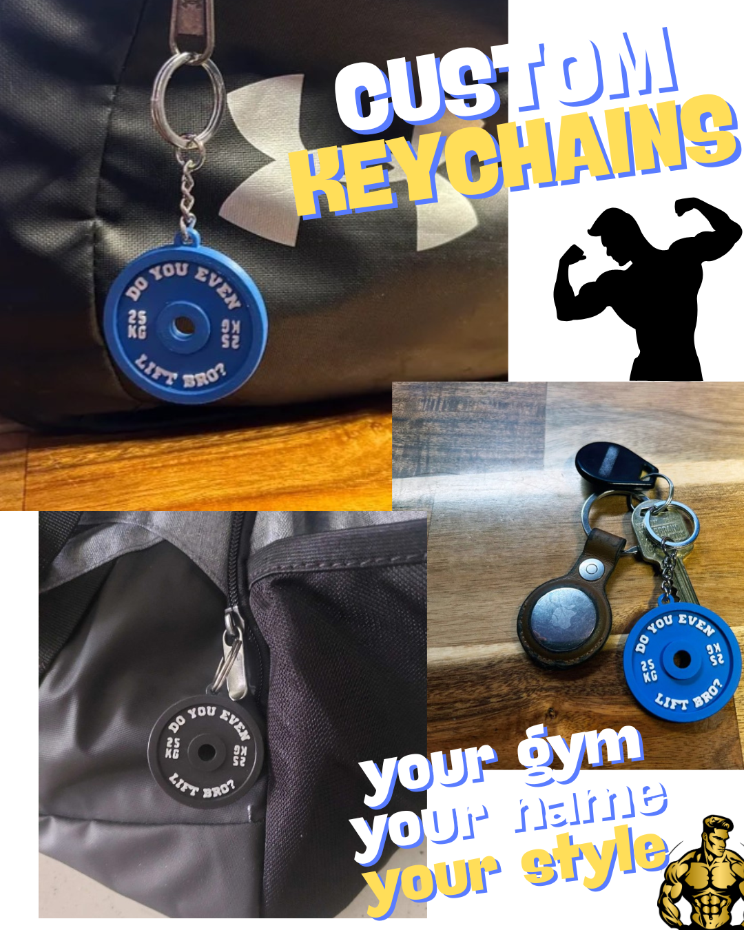 Collage of gym-themed keychains with text promoting customization.
