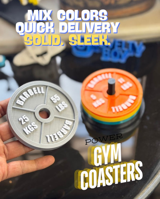 Gym coasters with text promoting quick delivery and solid design.