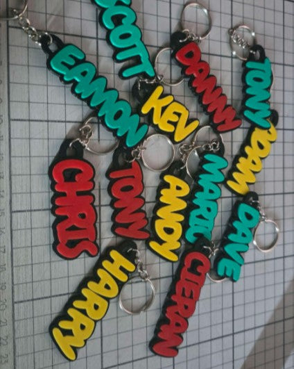 Colorful keychains with names on a grid background
