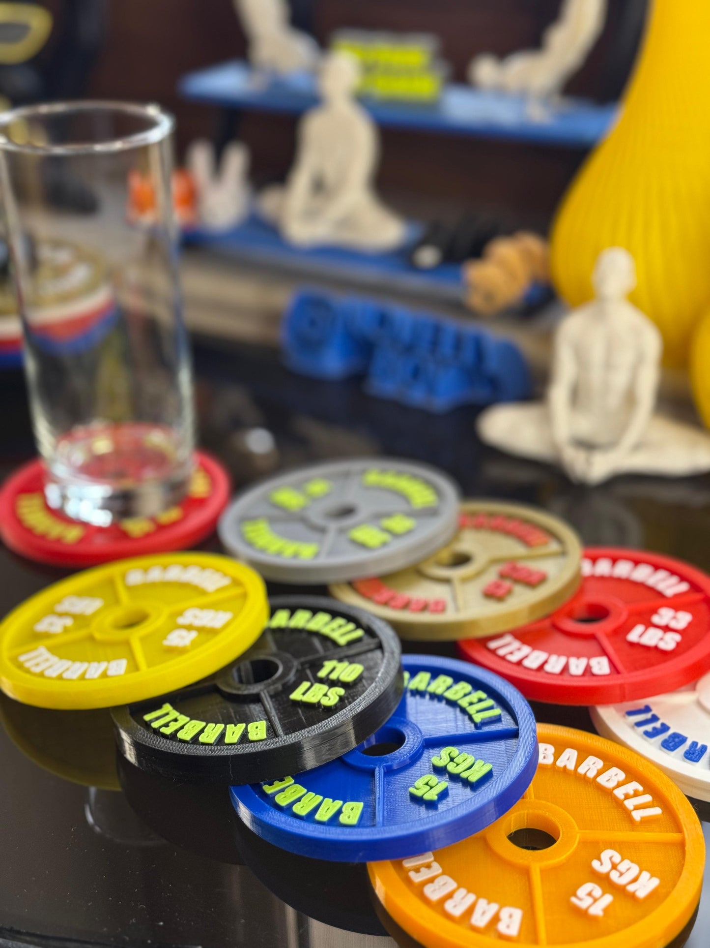 Gym Plate Coaster Set (6 Pcs, 4x4 Inches) with Stand
