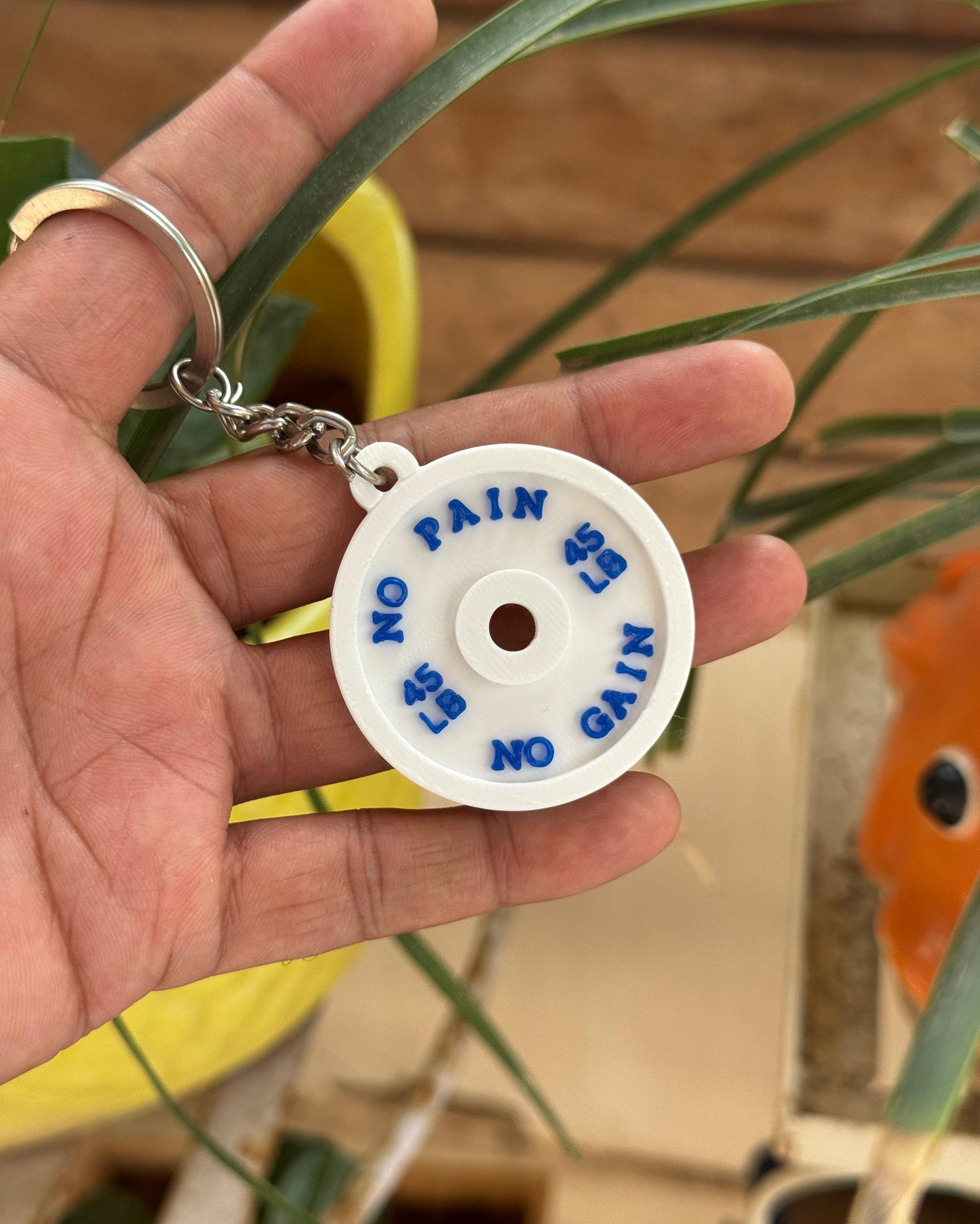 Hand holding a keychain with 'No Pain No Gain' text against a plant background