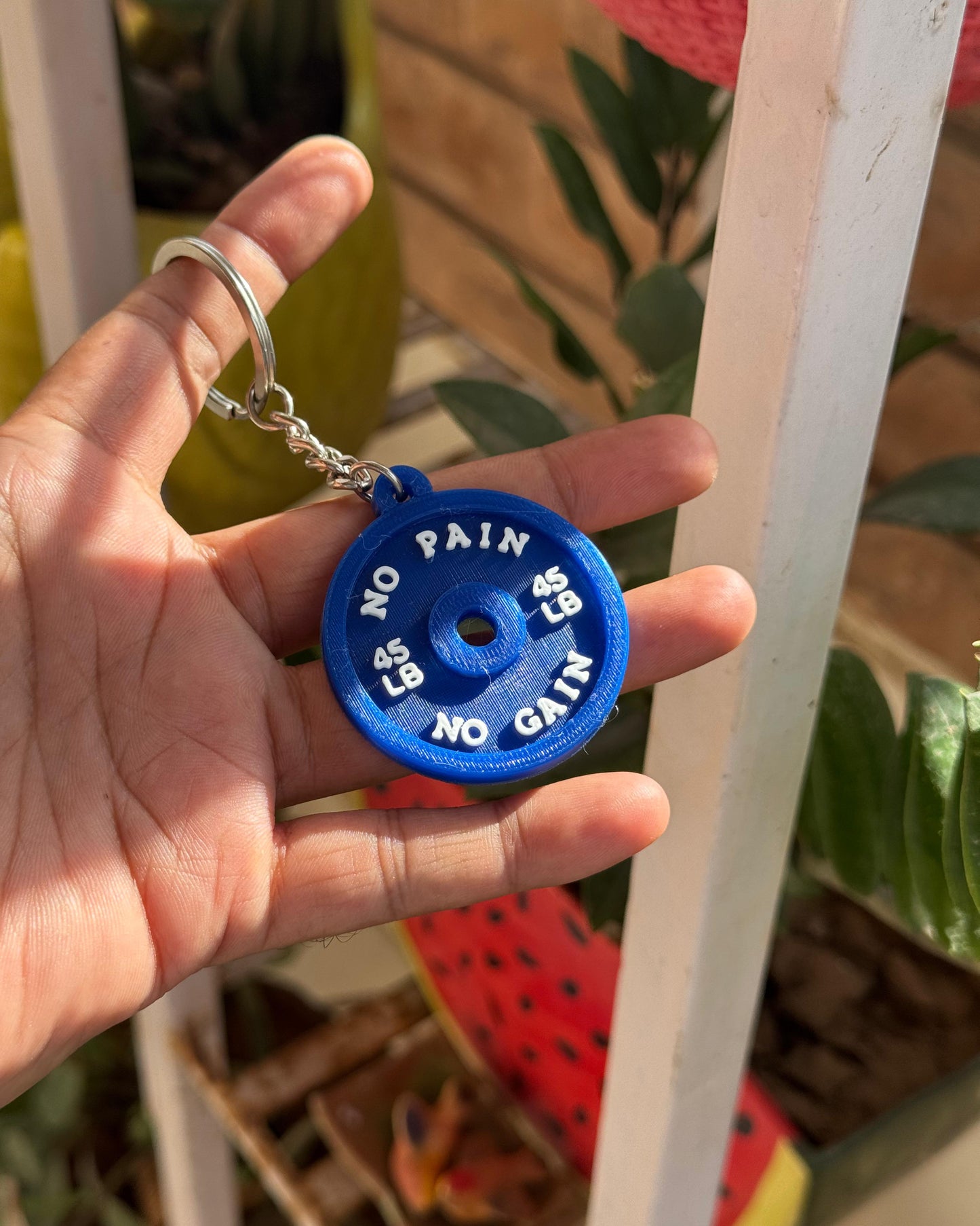 Hand holding a blue keychain with 'No Pain No Gain' text against a blurred background