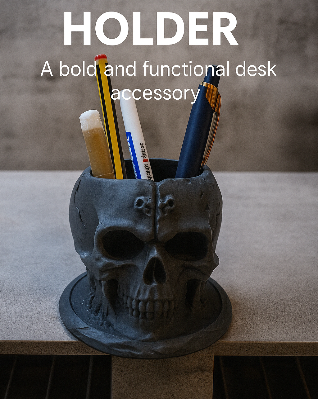 Skull pen holder with stationery on a desk, text 'SKULL PEN HOLDER' and 'A bold and functional desk accessory'.