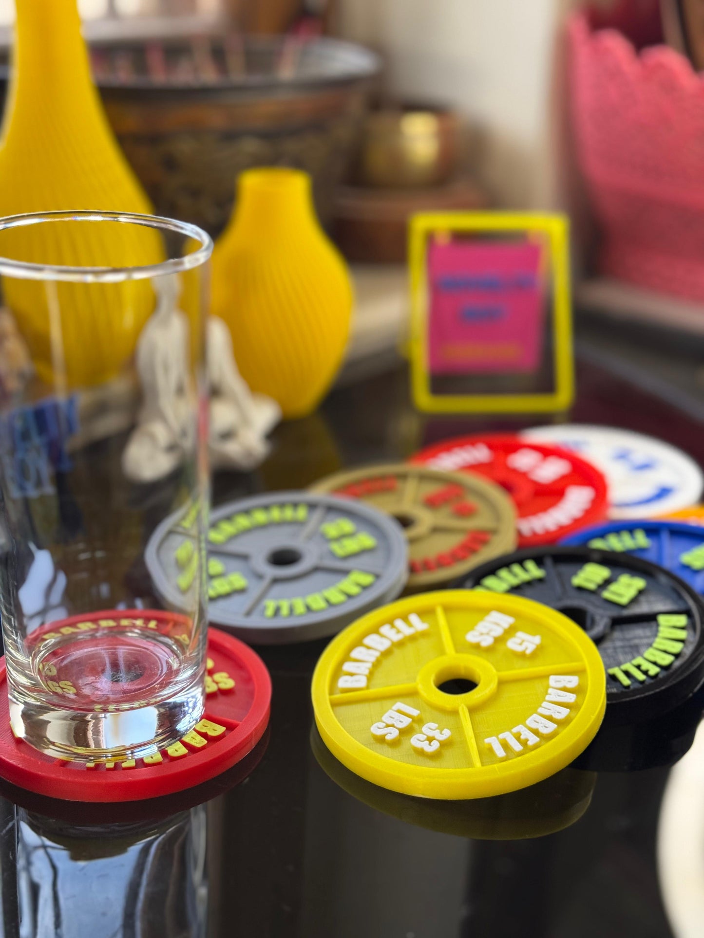 Gym Plate Coaster Set (6 Pcs, 4x4 Inches) with Stand