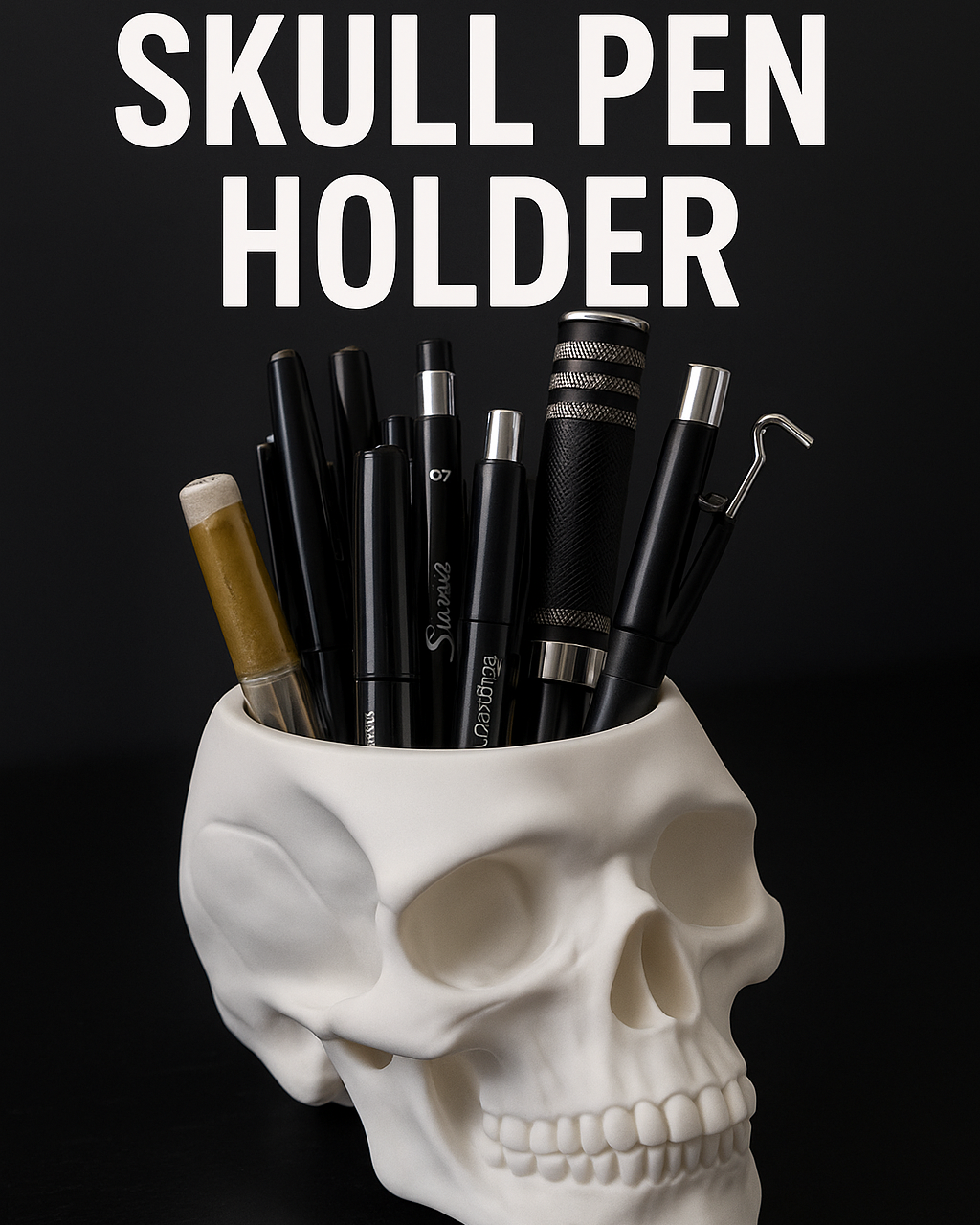 Skull-shaped pen holder with pens on a black background