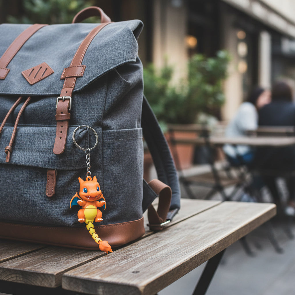 Orange dragon-like keychain with a yellow belly on a white background