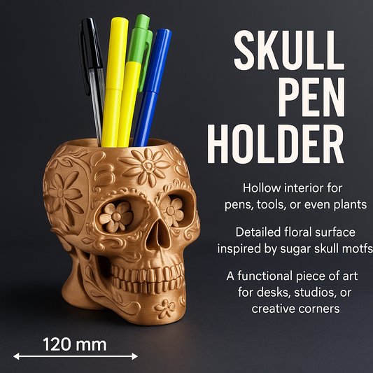 Skull-shaped pen holder with markers on a dark background, featuring text about its use and design.