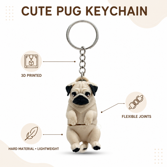 Pug charm features - 3D printed, flexible joints, lightweight