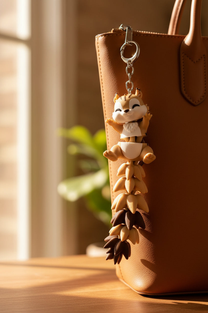 Hand holding a small figurine of a fox-like creature with a tail made of leaves on a tiled floor background.