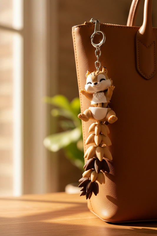 Hand holding a small figurine of a fox-like creature with a tail made of leaves on a tiled floor background.