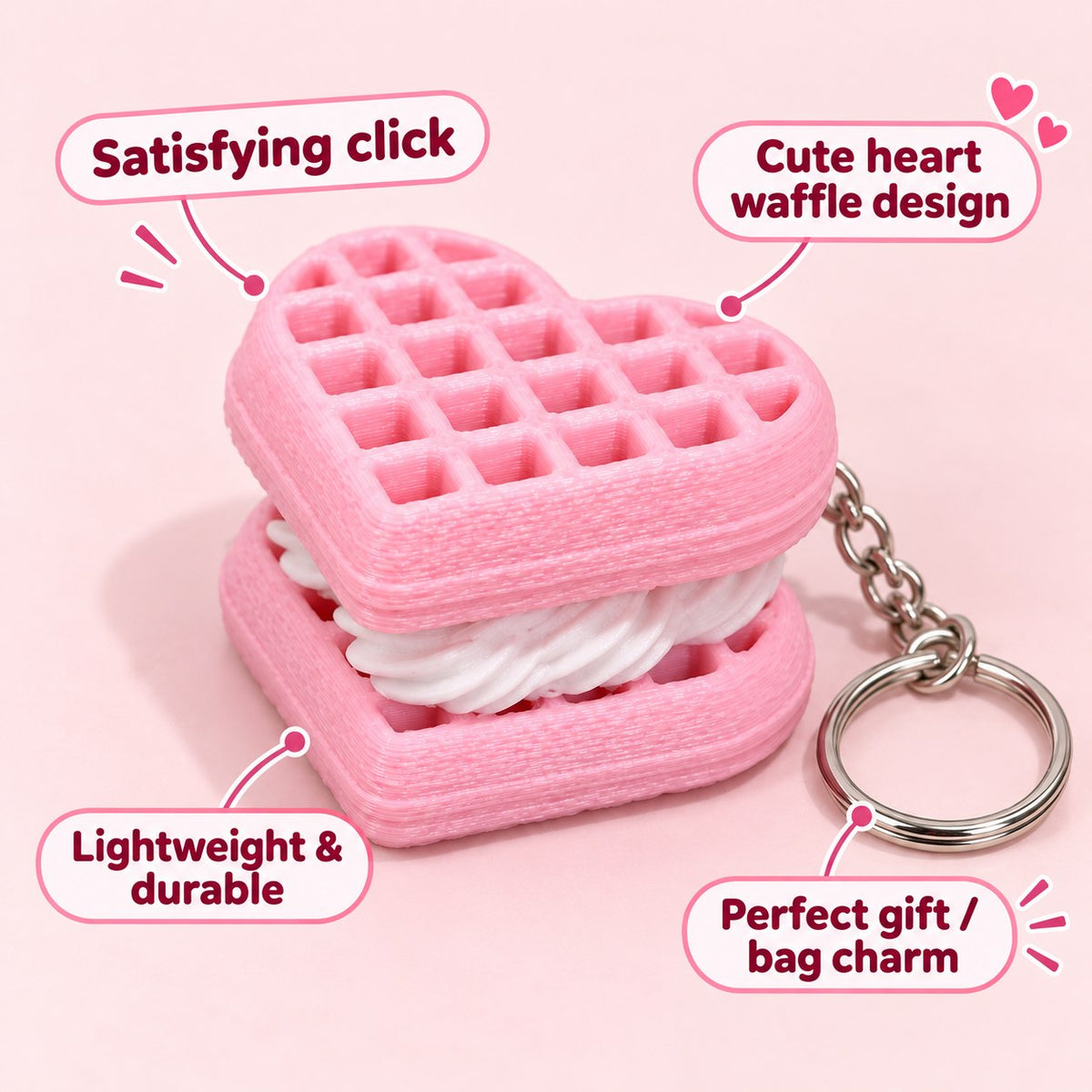 Pink Heart Waffle clicker keychain, 3D printed