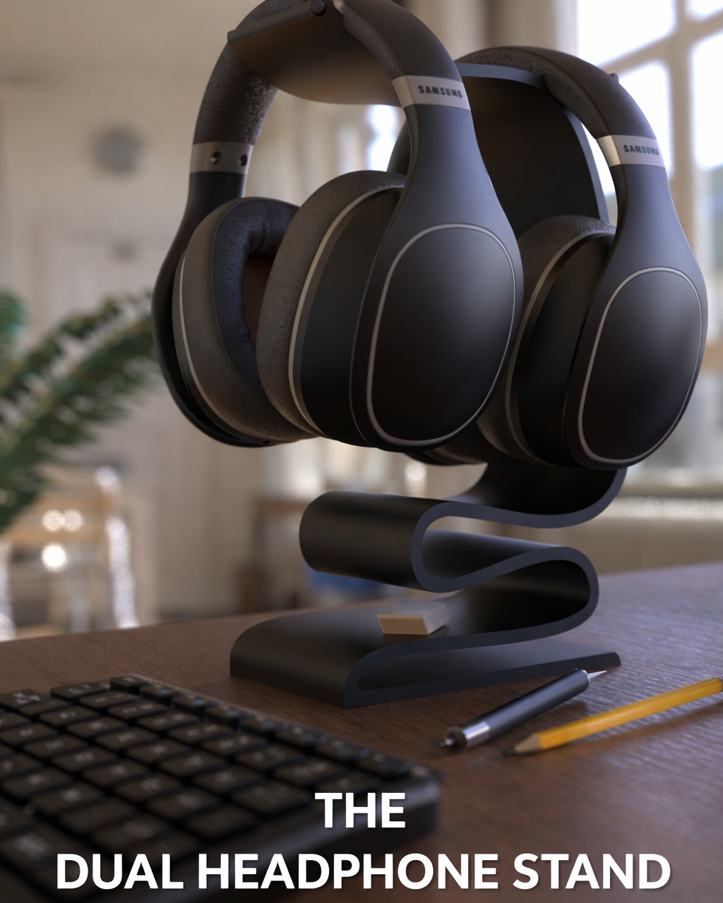 Black dual headphone stand holding two pairs of headphones on a desk.