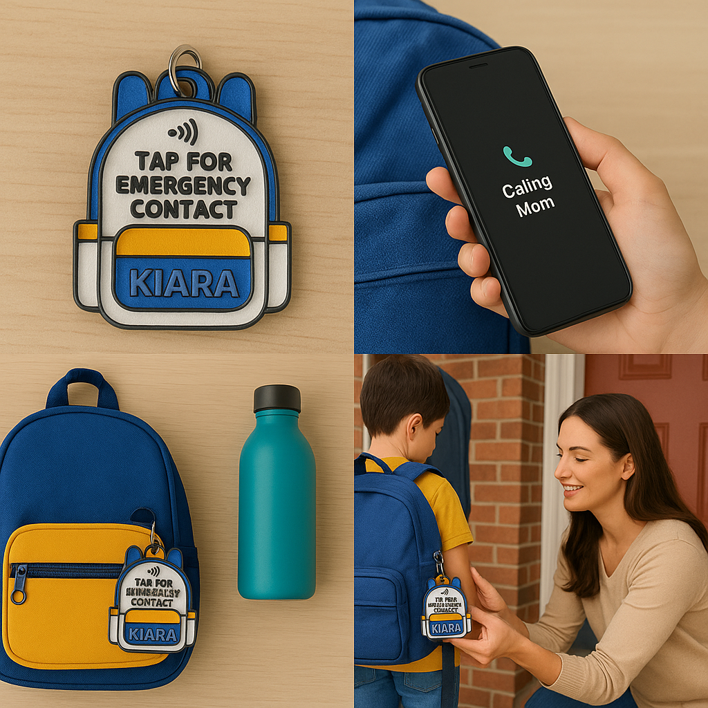 Custom Name NFC School Bag Keychain – Smart ID Tag for Kids | Tap to Open Profile or Contact Info