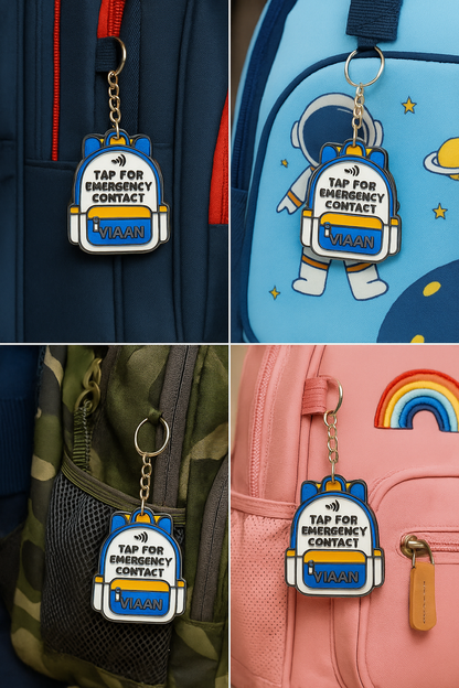 Custom Name NFC School Bag Keychain – Smart ID Tag for Kids | Tap to Open Profile or Contact Info