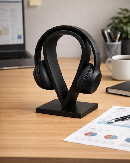 Black headphones on a stand on a desk with a laptop and coffee cup in the background