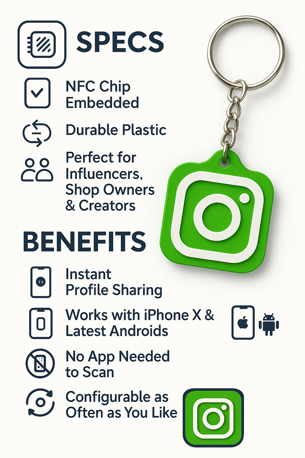 SMART NFC Instagram Keychain | Tap to Share Your Profile | 9 Colours