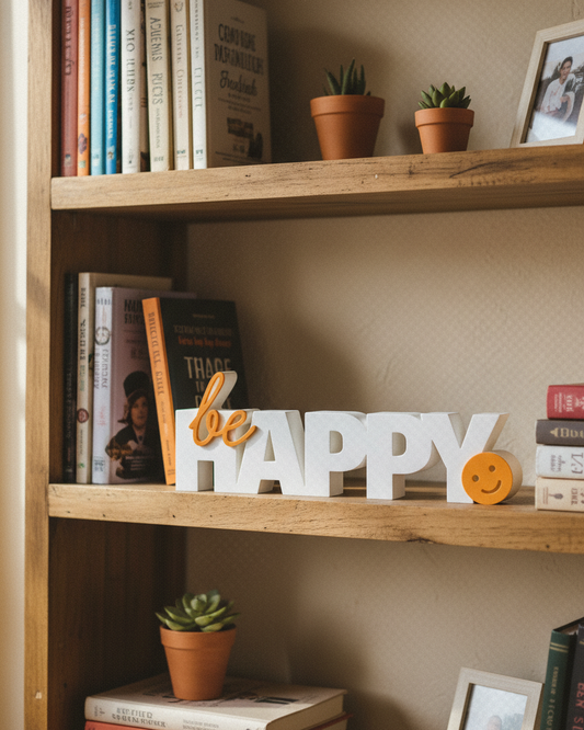 Wooden bookshelf with books, decorative 'be happy' sign, and small plants against a beige wall.