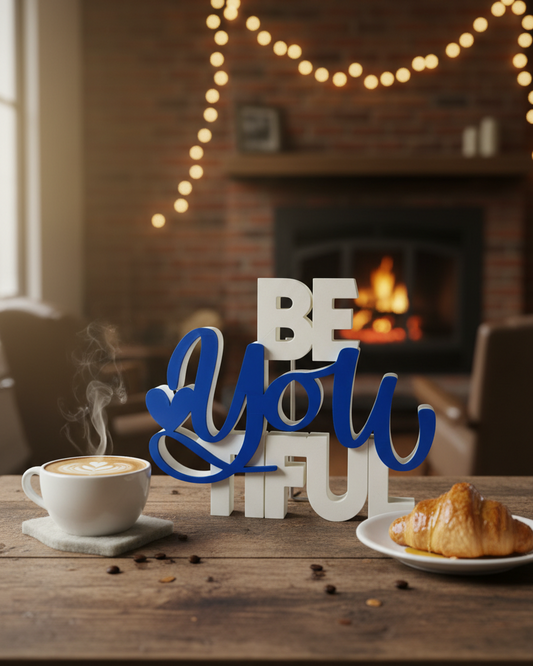 Decorative sign saying 'BE YOU Tiful' on a table with coffee and pastries, fireplace in the background.