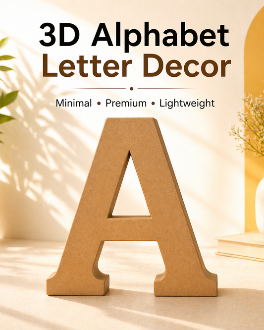 Wooden letter 'A' with 3D Alphabet Letter Decor text on a neutral background