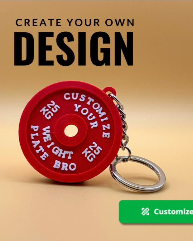 Red weight plate keychain with customizable text on a beige background