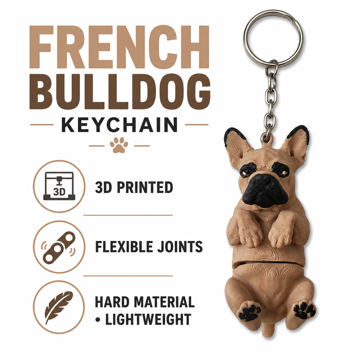 3D Printed French Bulldog Dog Keychain – Flexi Articulated Bag Charm