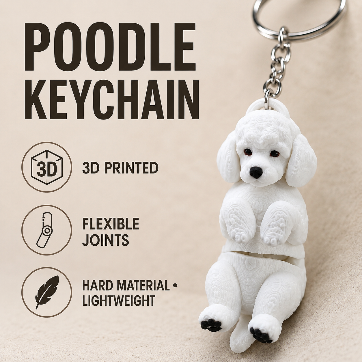 3D Printed Poodle Dog Keychain – Flexi Articulated Bag Charm