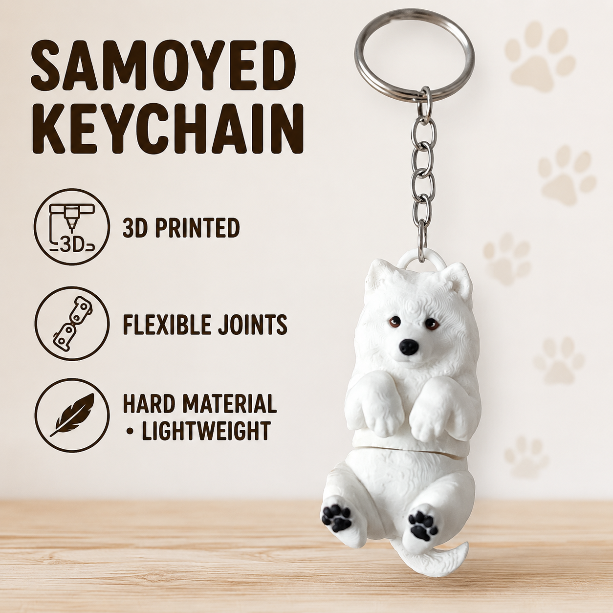 3D Printed Samoyed Dog Keychain – Flexi Articulated Bag Charm
