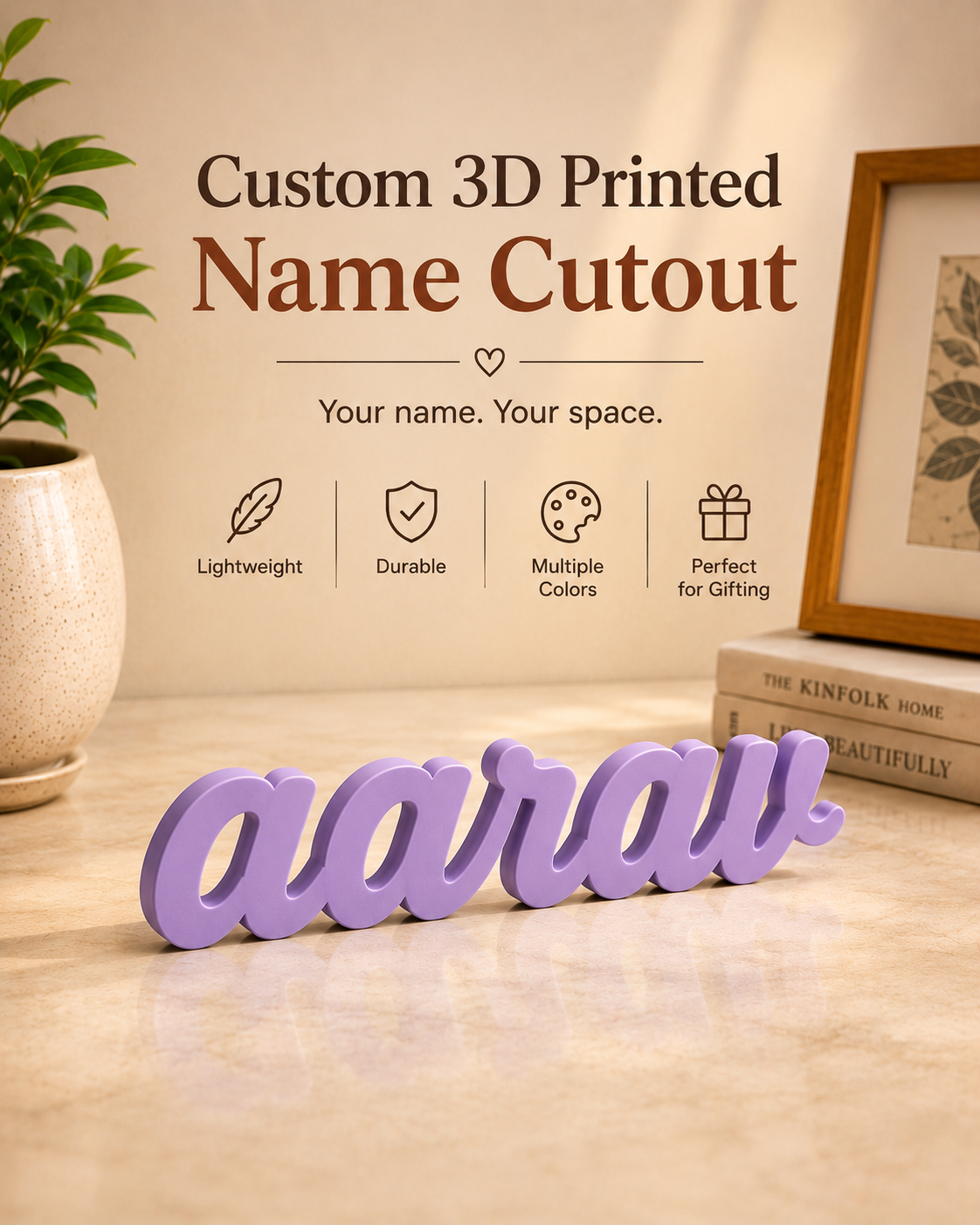 Purple 'aarau' name cutout on a wooden surface with decorative elements.