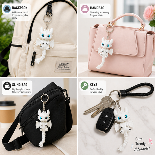 Cute White Dragon Keychain for Bags & Keys | Kawaii Dragon Bag Charm | Backpack & Handbag Accessory for Girls & Kids