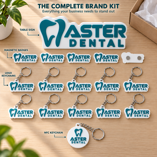 Brand Kit Combo – 3D Magnetic Badges + Logo Keychains + NFC Review Tag