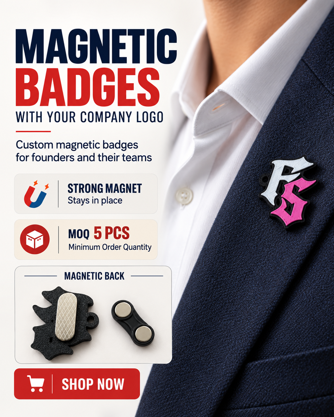 Custom 3D magnetic name badge with raised logo on a blazer – Novelty Boy