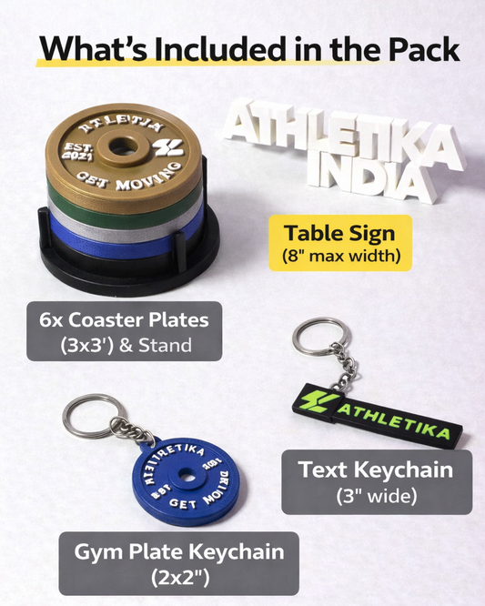 Product pack contents including a table sign, coaster plates with stand, text keychain, gym plate keychain, and a table sign on a white background.
