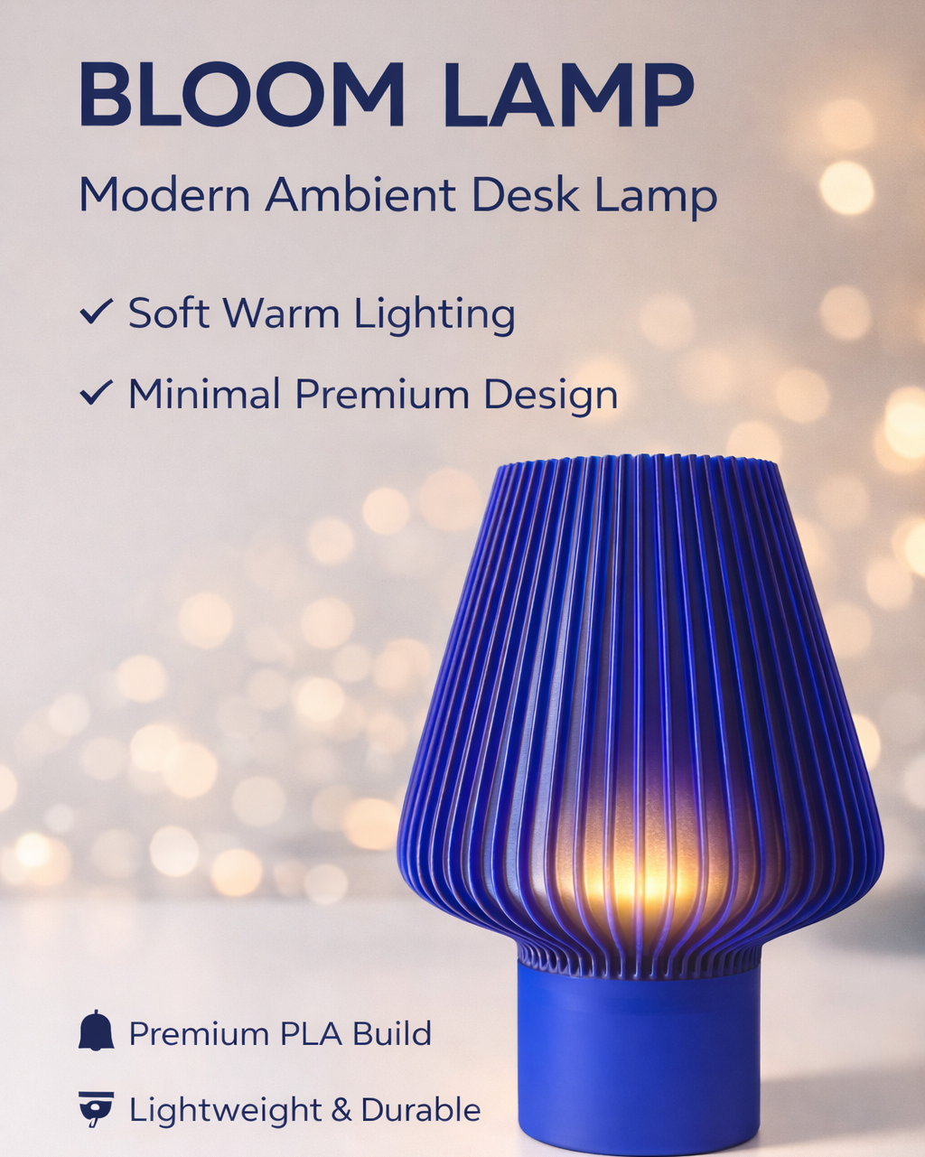 Blue ambient desk lamp with soft warm lighting on a blurred background