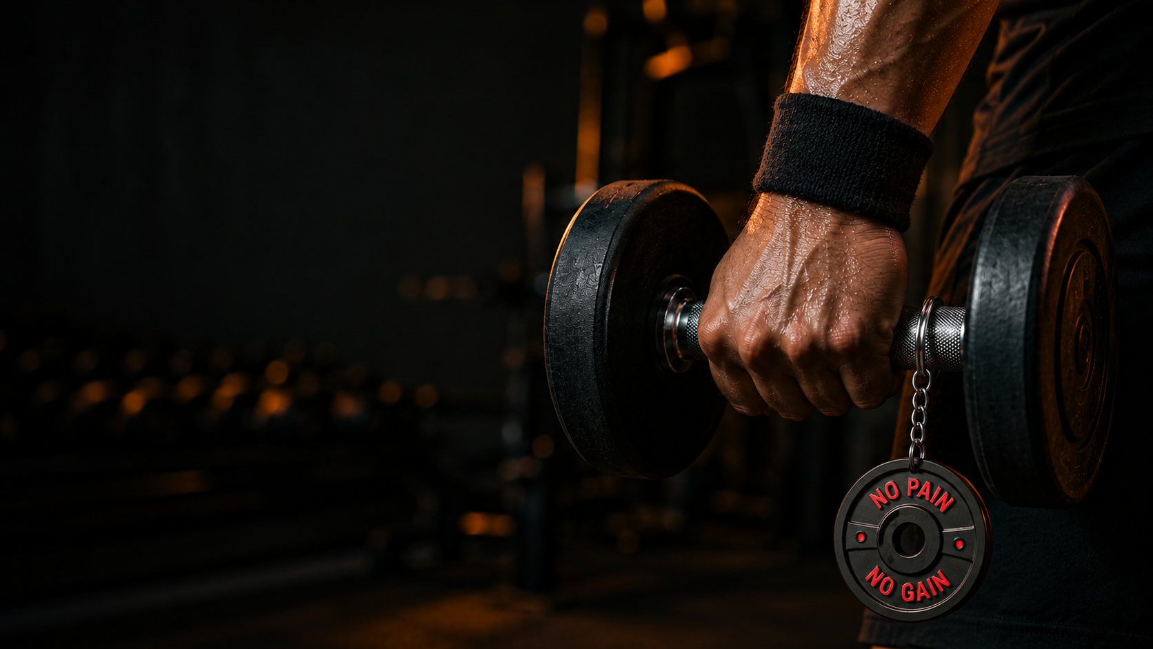 Person lifting a dumbbell with 'No Pain No Gain' weight plate in a gym setting