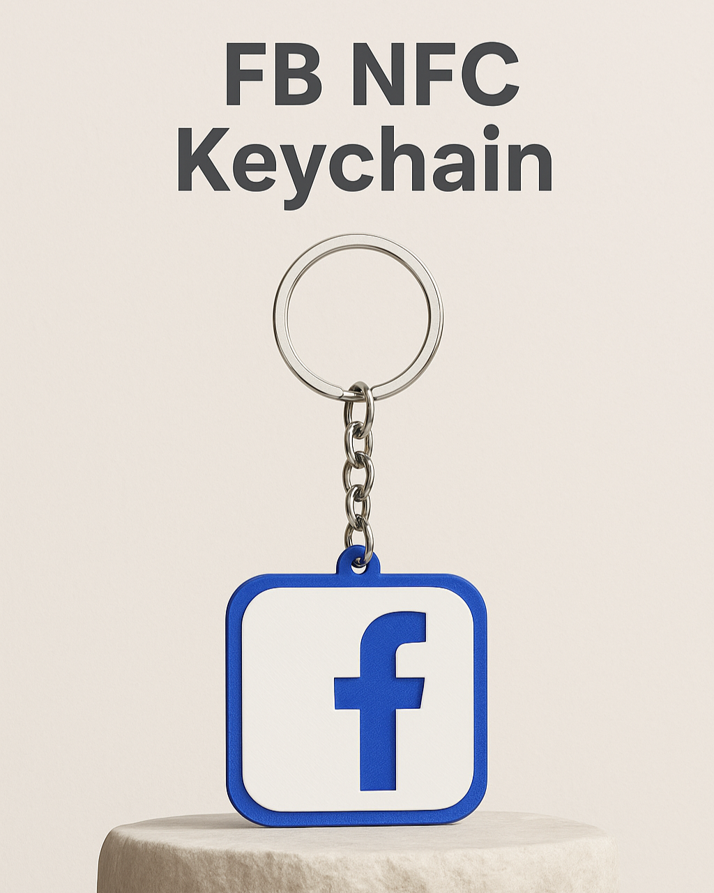 FB NFC Keychain with Facebook logo on a beige background