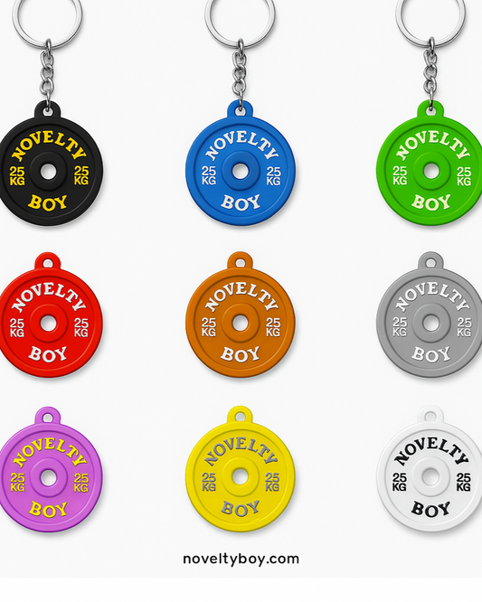 Colorful novelty weight keychains with 'Novelty Boy' branding on a white background.
