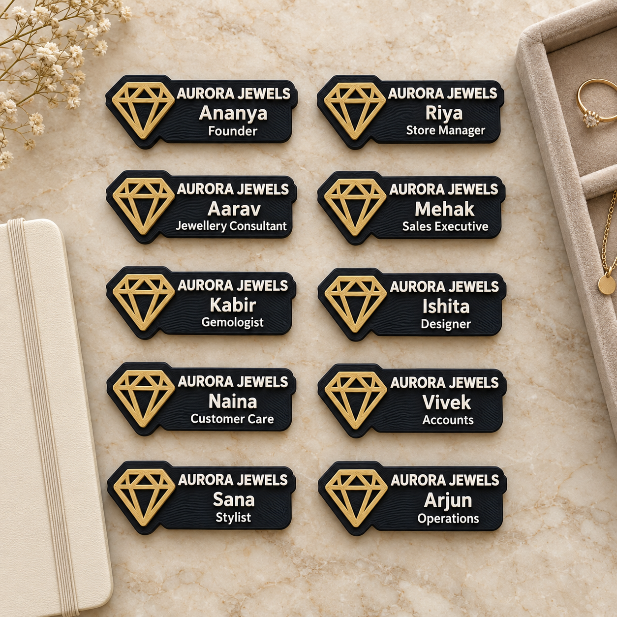 3D magnetic logo badges worn by gym, salon, real-estate and hotel staff