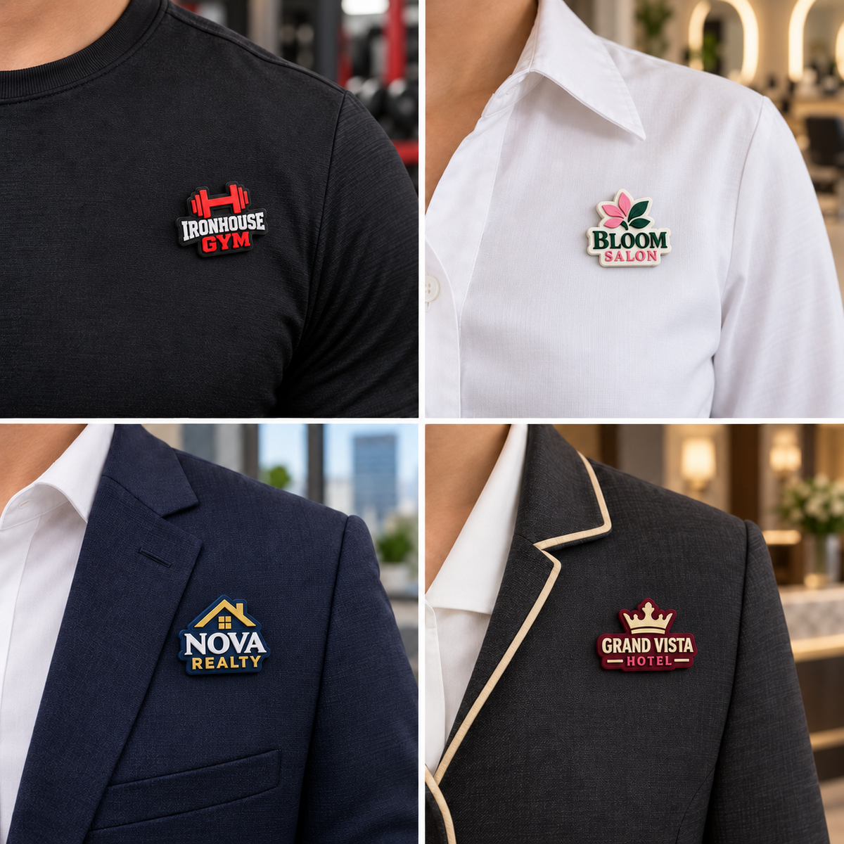 Set of custom 3D magnetic badges with different names and designations