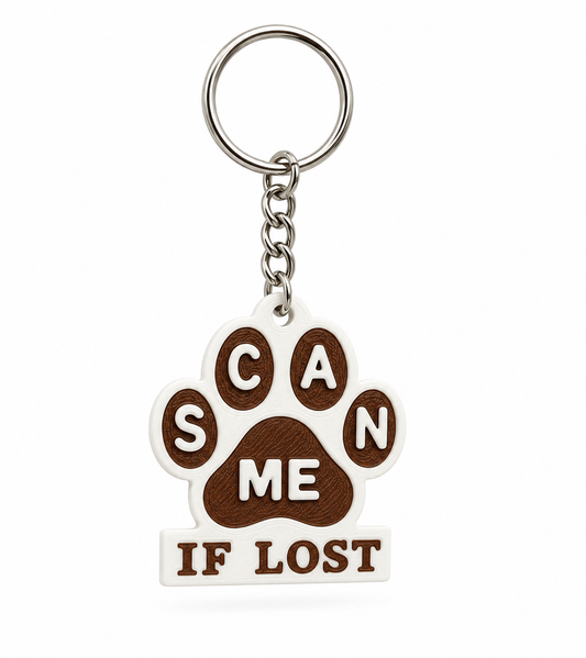 Keychain with paw print design and text 'Scan Me If Lost' on a white background