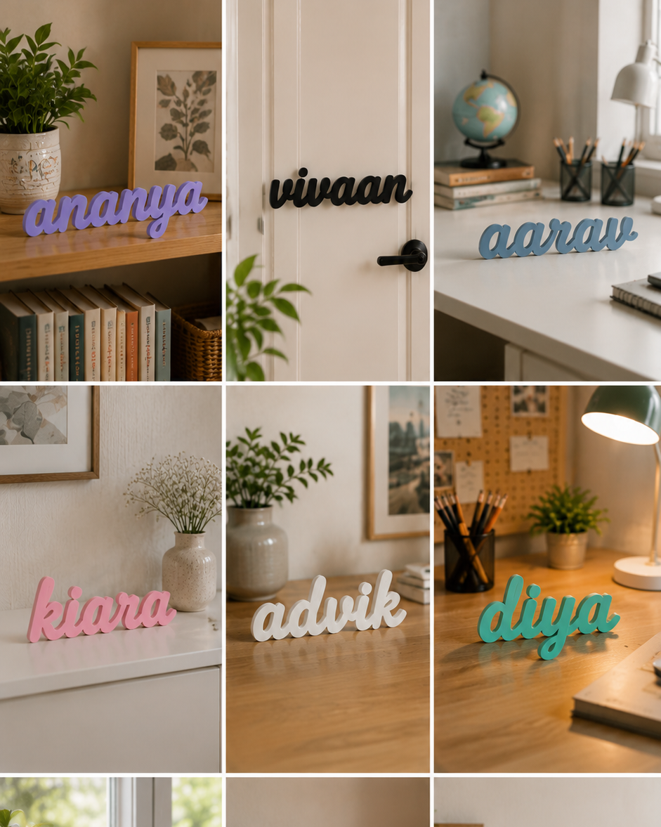 Collage of personalized name signs in various settings